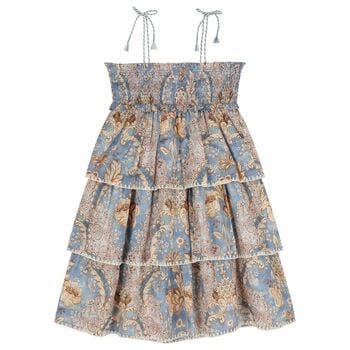 Girls Blue & Beige Floral Tiered Dress