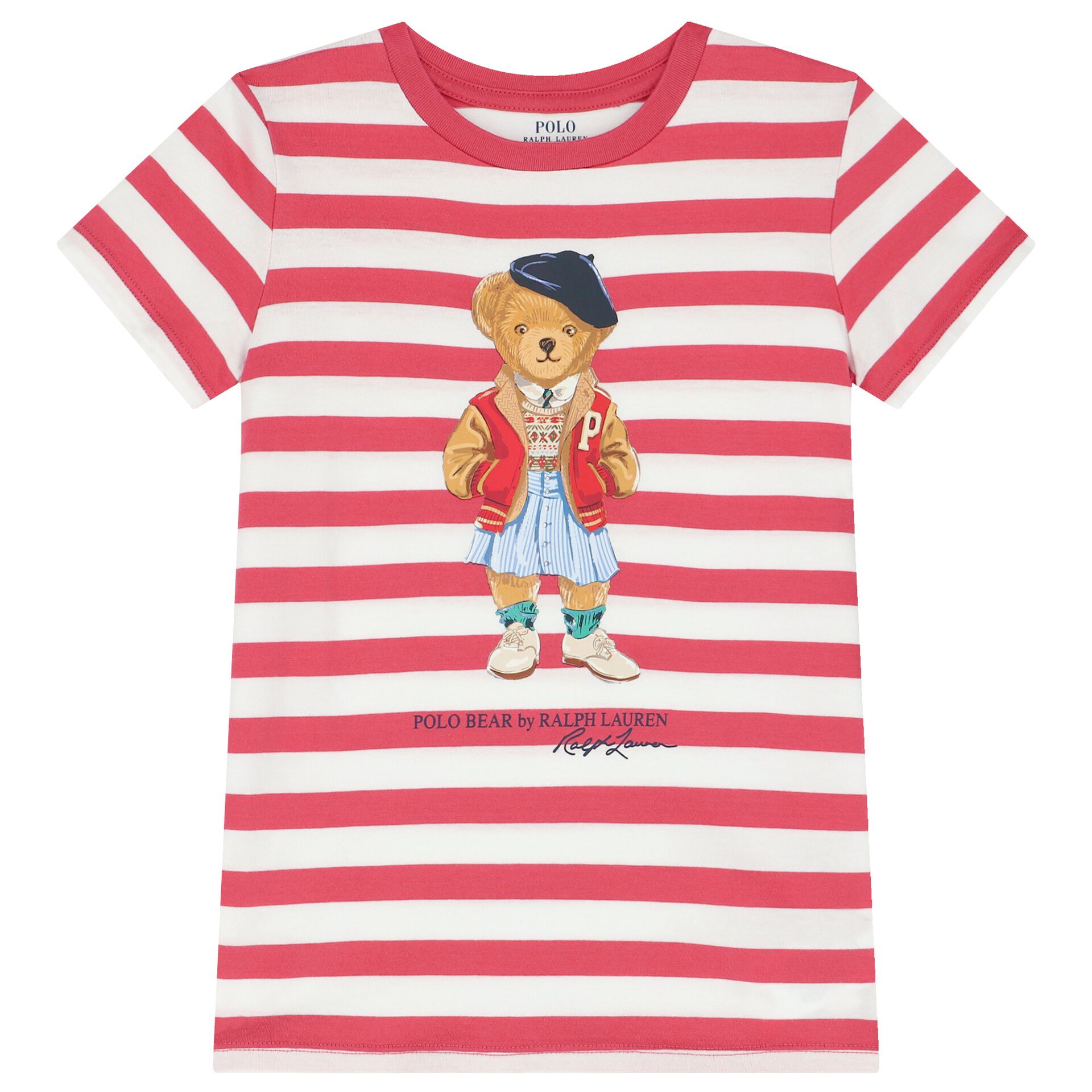 Ralph Lauren Girls White Pink Polo Bear Striped T Shirt Junior Couture USA