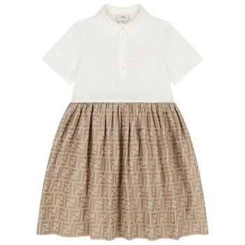 Girls Ivory & Beige FF Logo Dress
