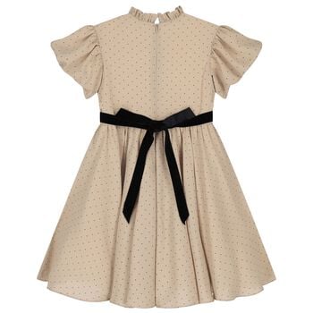 Girls Beige Dots Belted Dress