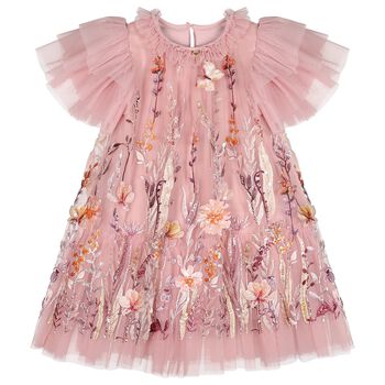 Girls Pink Floral Sequin Tulle Heather Dress