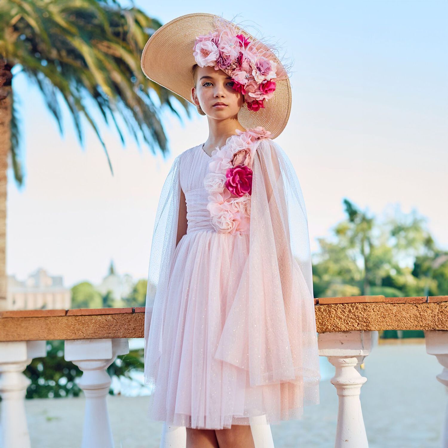 Girls Pink 3D Flower Tulle Cape Dress, 1, hi-res