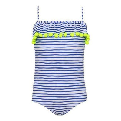 Girls Blue Stripe Pompom Swimsuit
