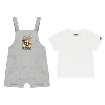 Younger White & Grey Teddy Bear Logo Dungaree Set