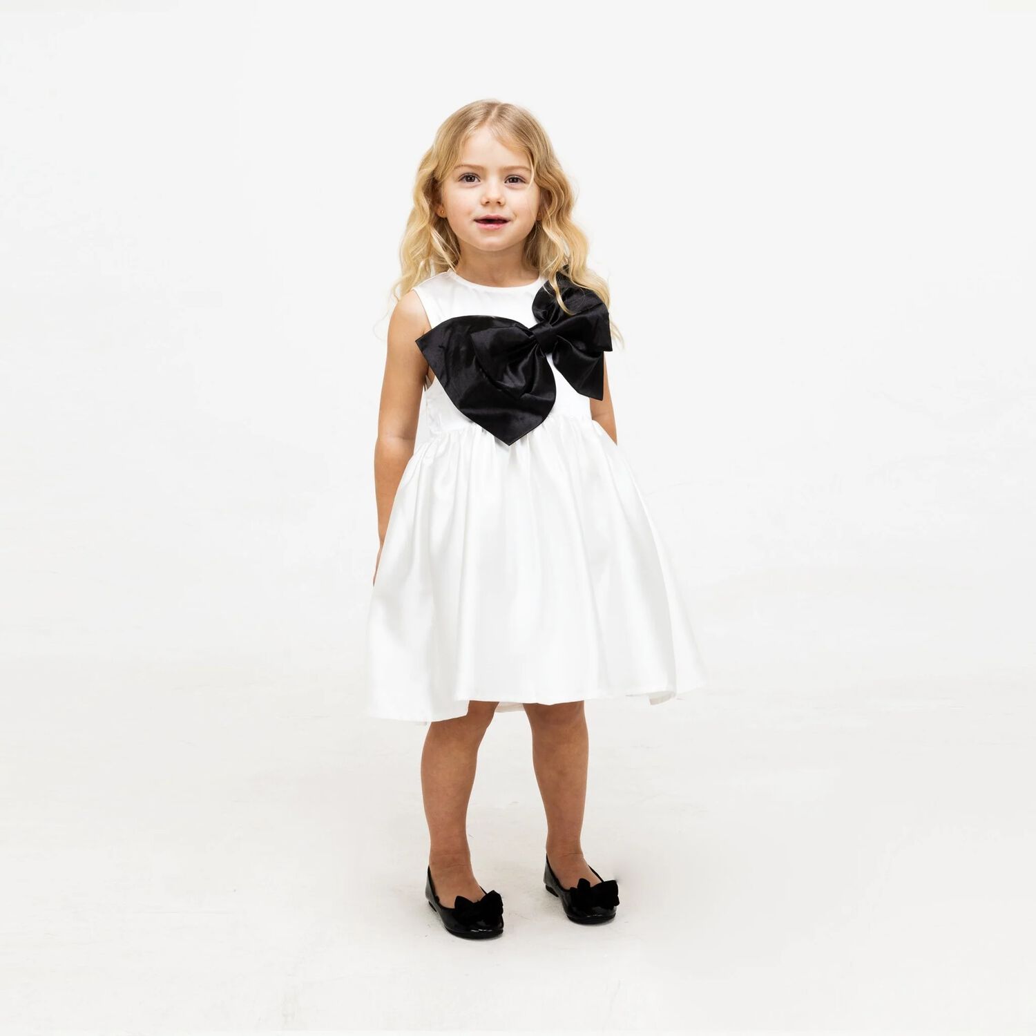 Girls White & Black Bow Dress, 1, hi-res image number null