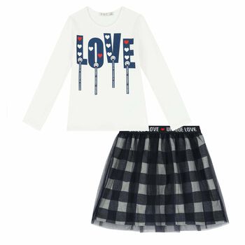 Girls White & Navy Blue Skirt Set