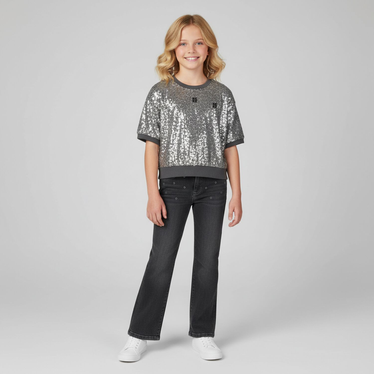 Girls Silver Embellished Logo Top, 1, hi-res