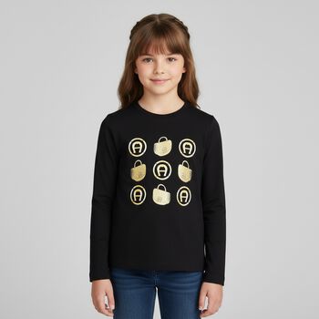 Girls Black Logo Long Sleeve Top