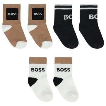 Baby Boys White, Black & Beige Logo Socks ( 3-Pack ) 