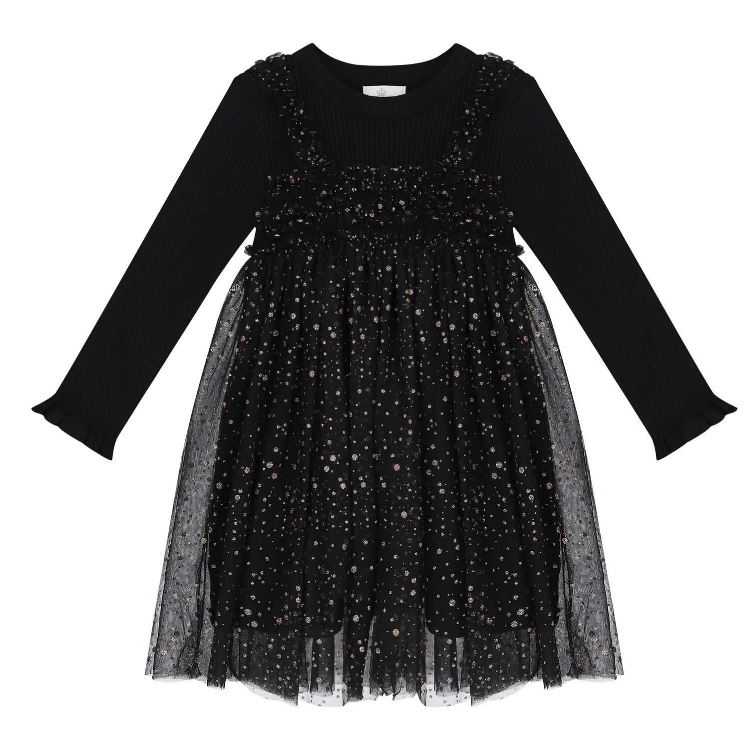 Girls Black Tulle Knitted Dress, 2, hi-res image number null