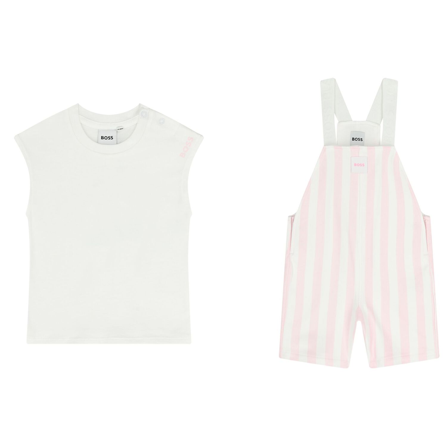 Baby Girls White & Pink Striped Logo Dungaree Set, 1, hi-res