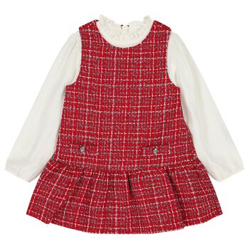 Girls White & Red Pinafore Dress