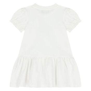 Younger Girls White Teddy Bear Logo Dress