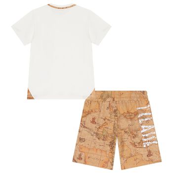 Boys White & Beige Geo Map Shorts Set