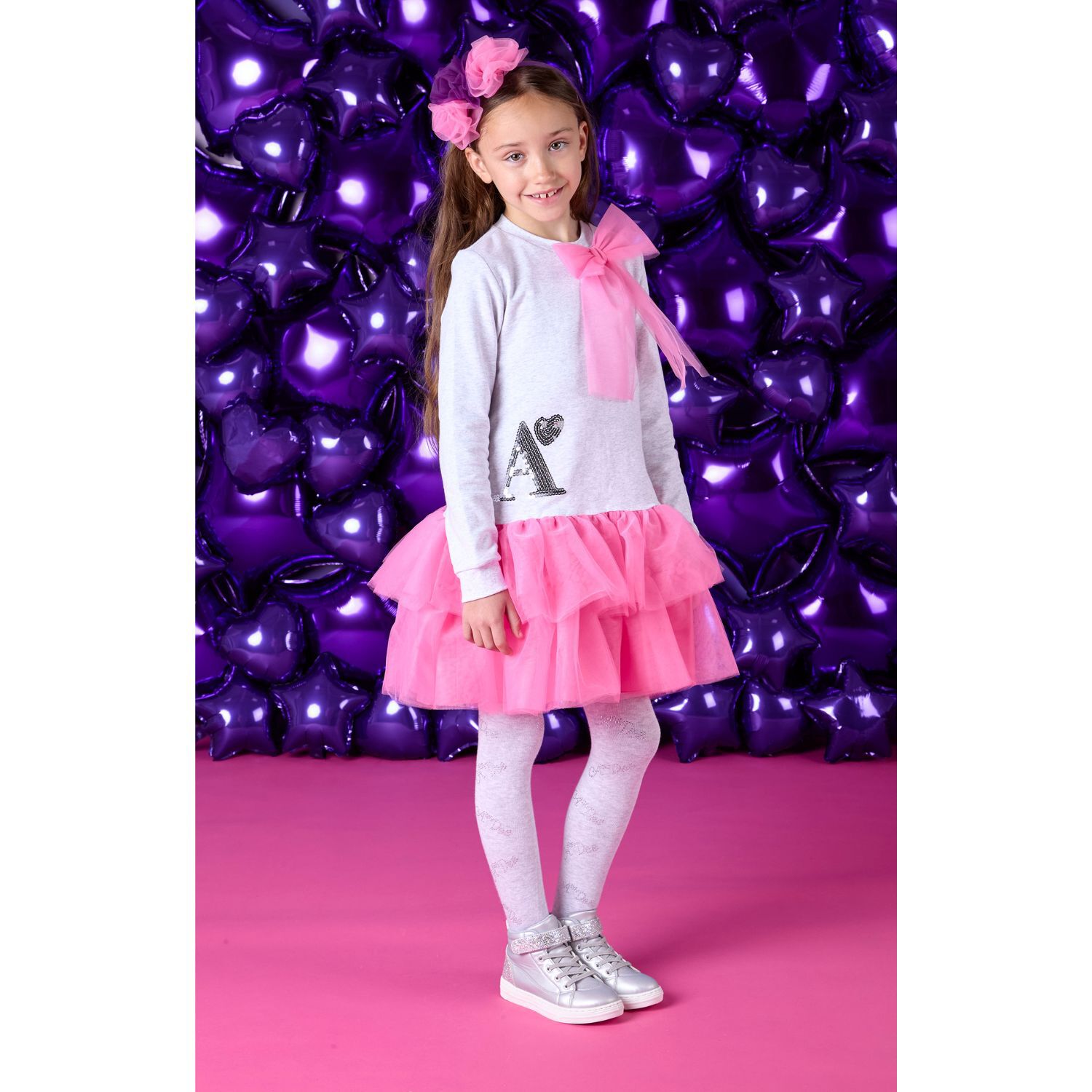 Girls Grey & Pink Logo Tulle Dress, 1, hi-res image number null