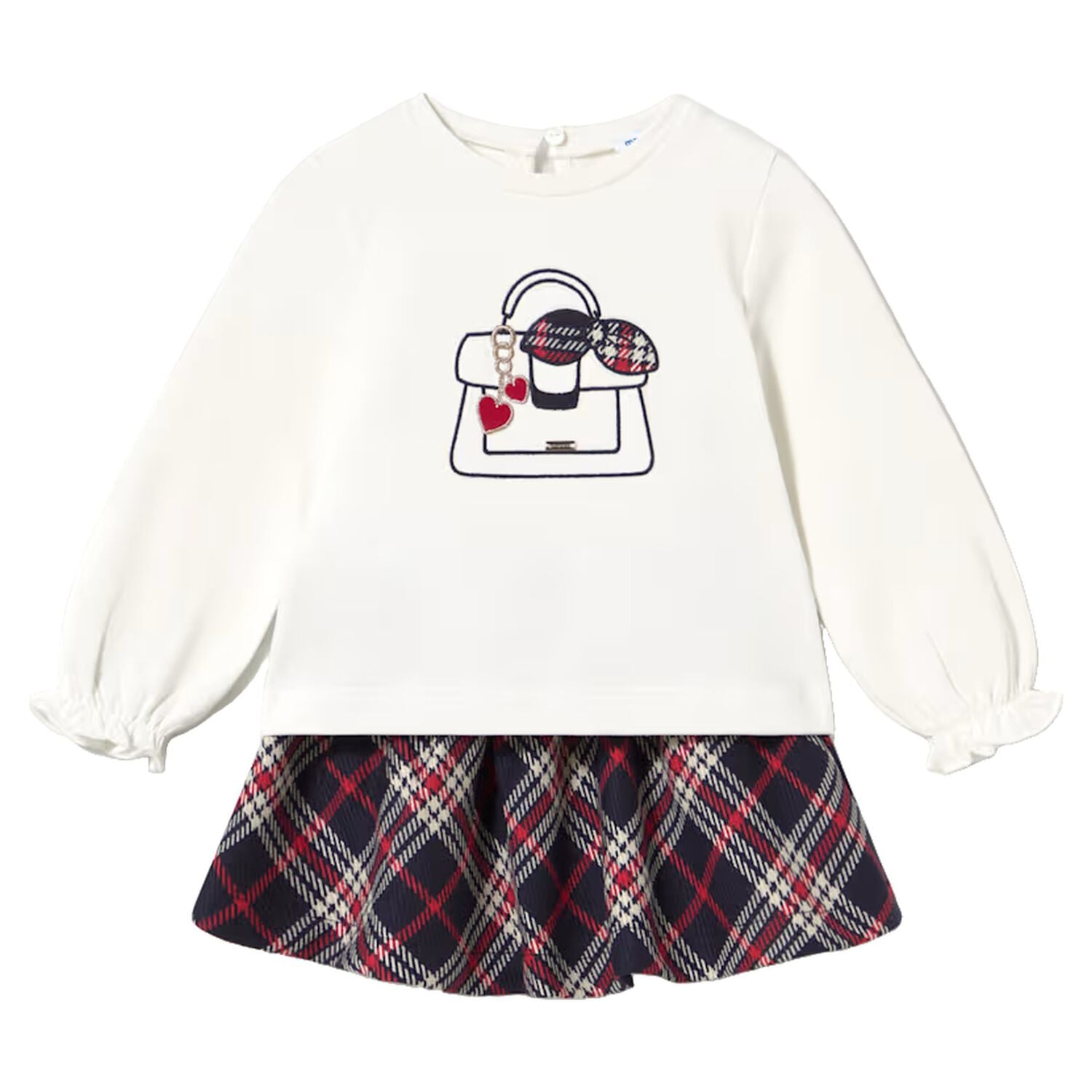 Younger Girls White & Navy Blue Tartan Skirt Set, 2, hi-res