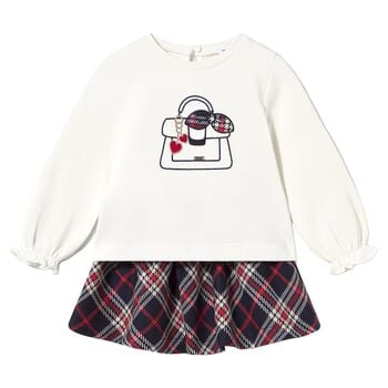 Younger Girls White & Navy Blue Tartan Skirt Set