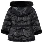 Girls Black Hooded Puffer Coat, 2, hi-res