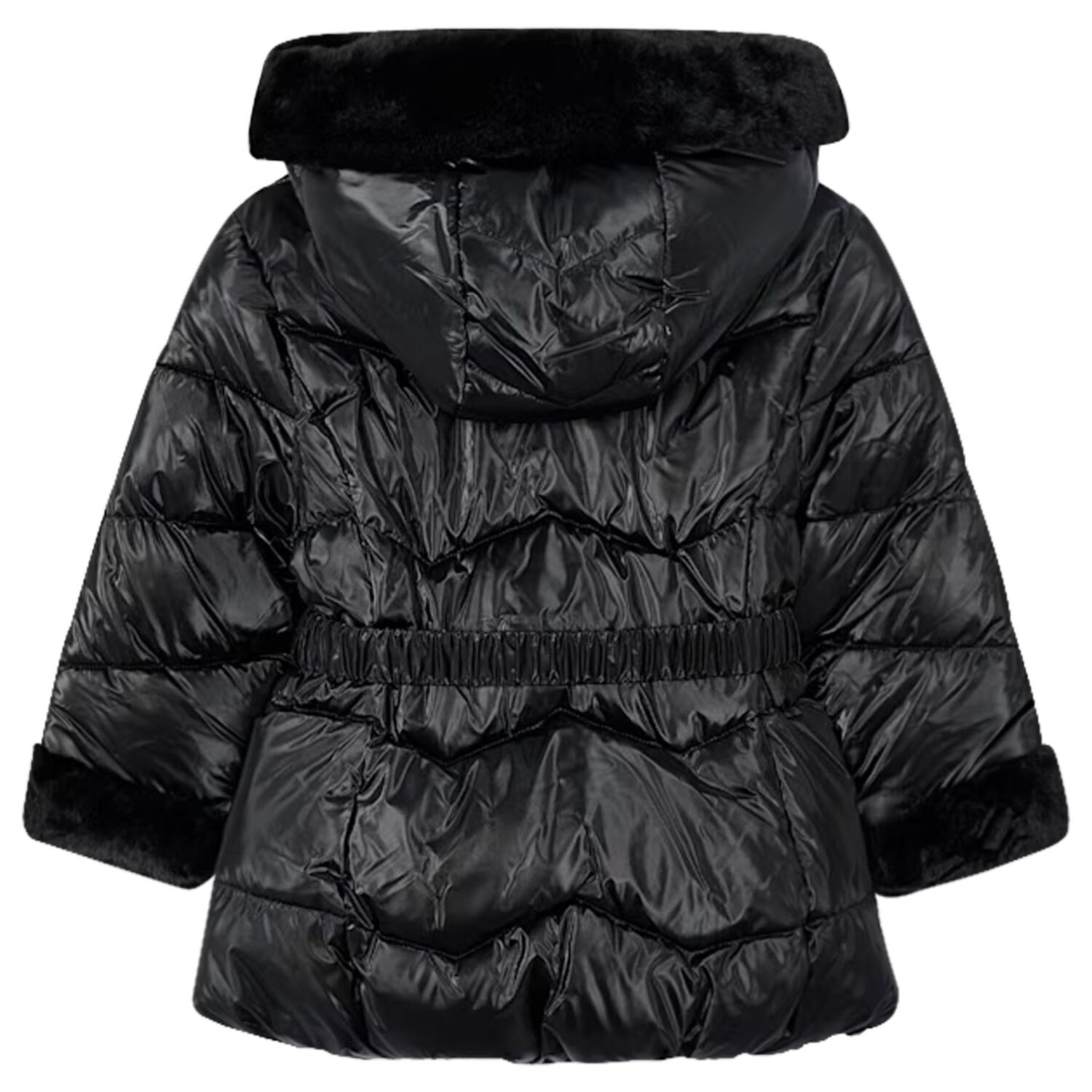 Girls Black Hooded Puffer Coat, 2, hi-res