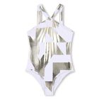 Girls White & Gold Logo Swimsuit, 1, hi-res