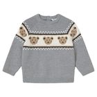 Younger Boys Grey Teddy Bear Knitted Jumper, 1, hi-res