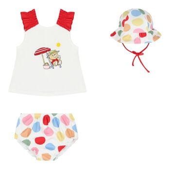 Baby Girls White & Red Swimsuit Set with Hat