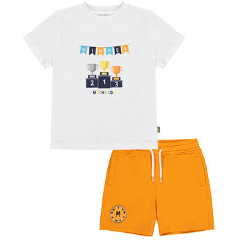 Boys White & Orange Trophy Shorts Set