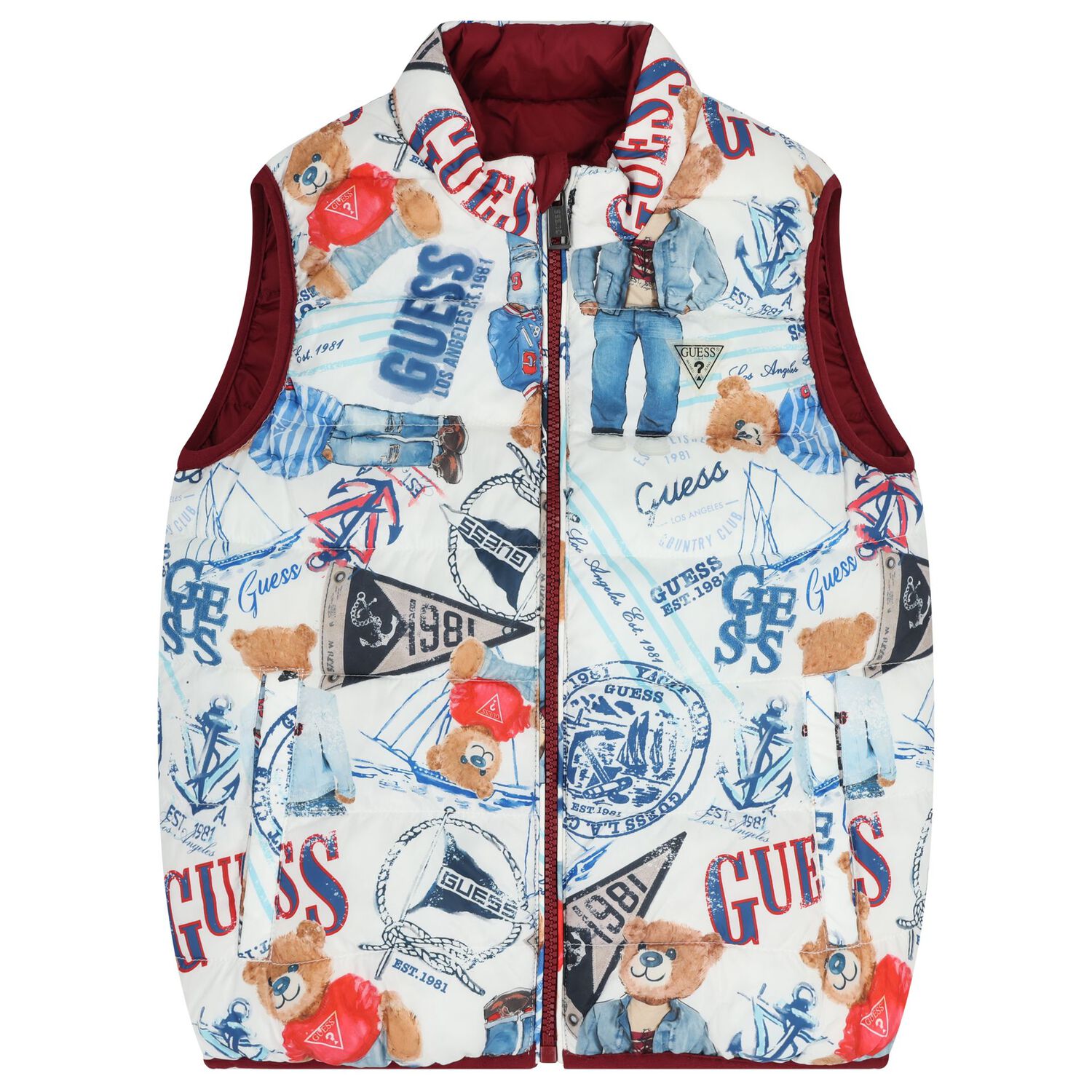 Boys White, Blue & Burgundy Reversible Gilet, 1, hi-res