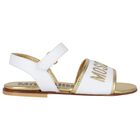 Girls White & Gold Leather Logo Sandals, 1, hi-res