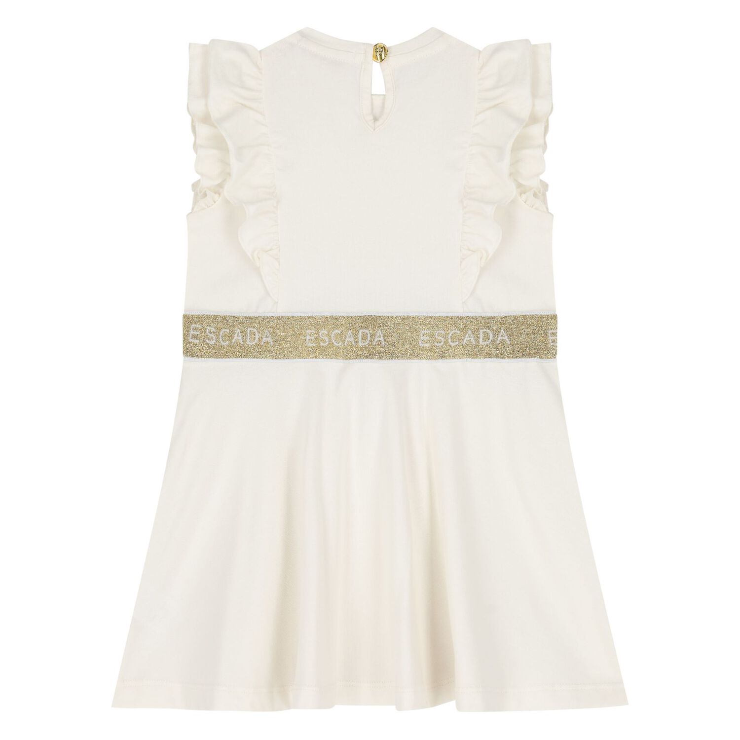 Younger Girls Ivory & Gold Ruffled Logo Dress, 1, hi-res