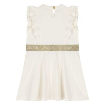 Younger Girls Ivory & Gold Ruffled Logo Dress