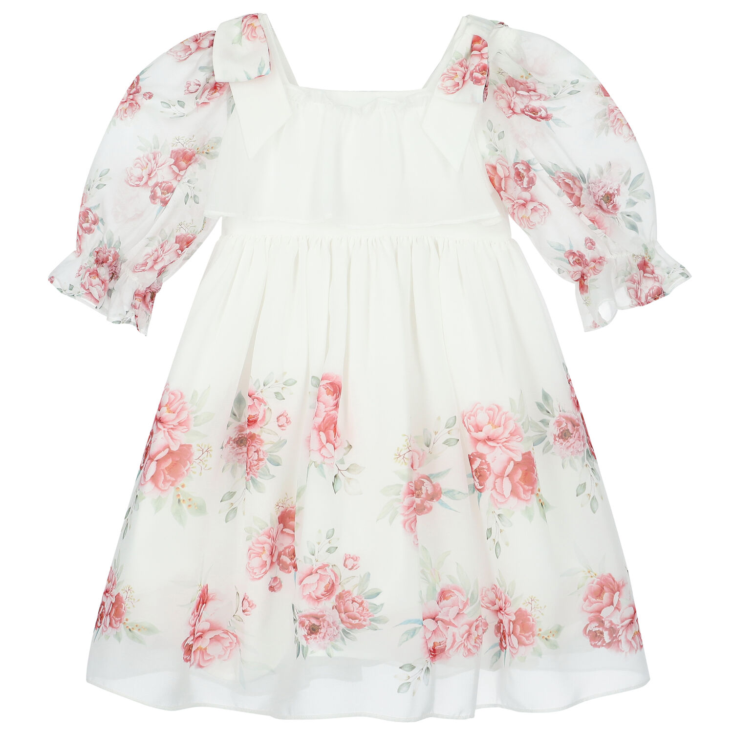 Girls White Floral Chiffon Dress, 1, hi-res