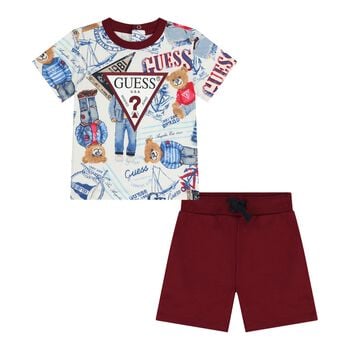 Baby Boys White & Burgundy Logo Shorts Set