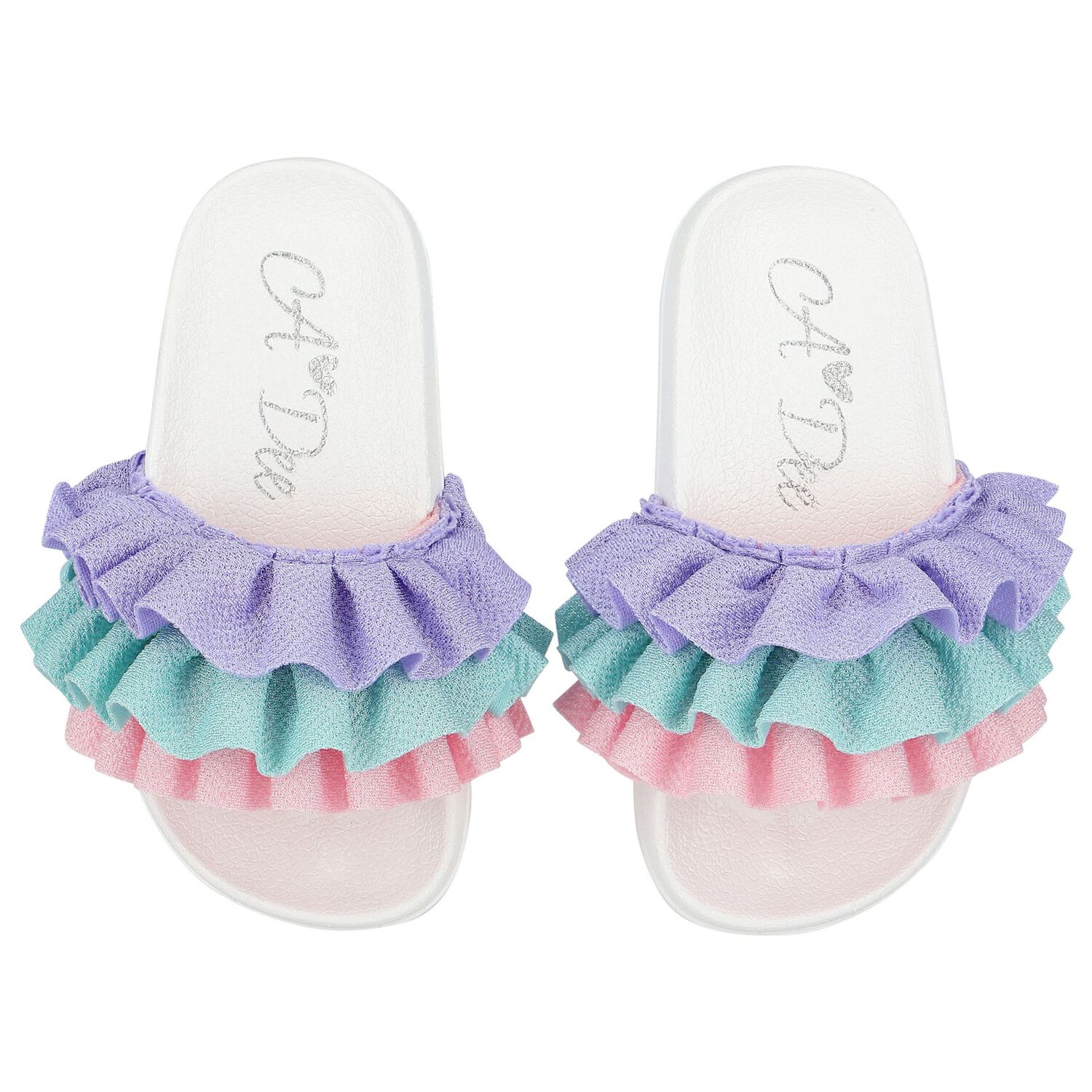 Girls White, Aqua & Purple Ruffled Sliders, 1, hi-res image number null