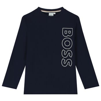 Boys Navy Blue Logo Long Sleeve Top