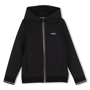 Boys Mini Me Black Logo Hooded Zip Up Top