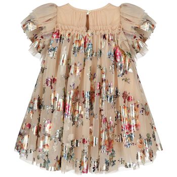 Girls Beige Tulle Flowers Dress