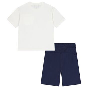 Boys White & Navy Blue Logo Shorts Set
