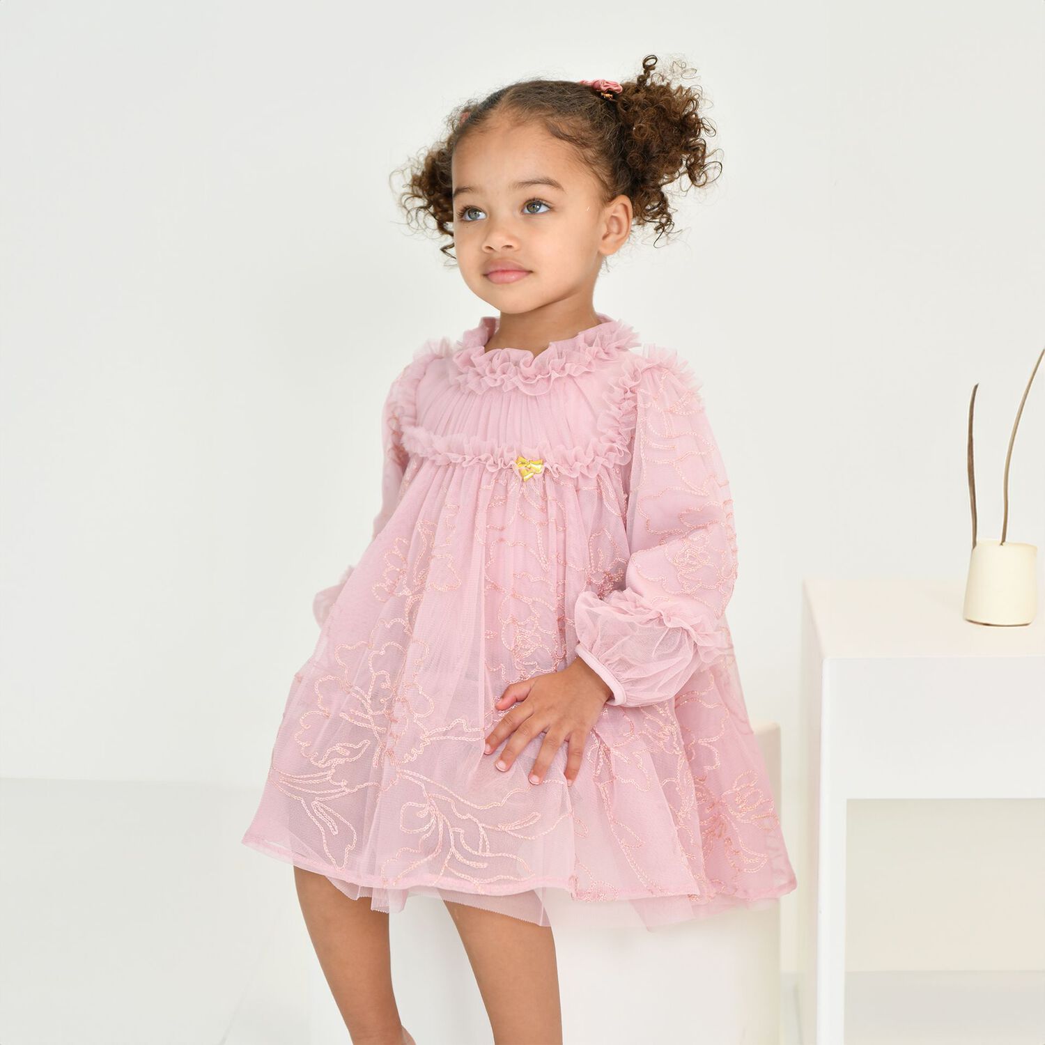 Baby Girls Pink Stitch Embroidered Tulle Nadiya Dress, 2, hi-res