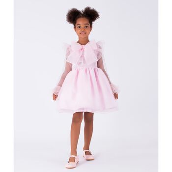 Girls Pink Organza Bow & Ruffle Dress
