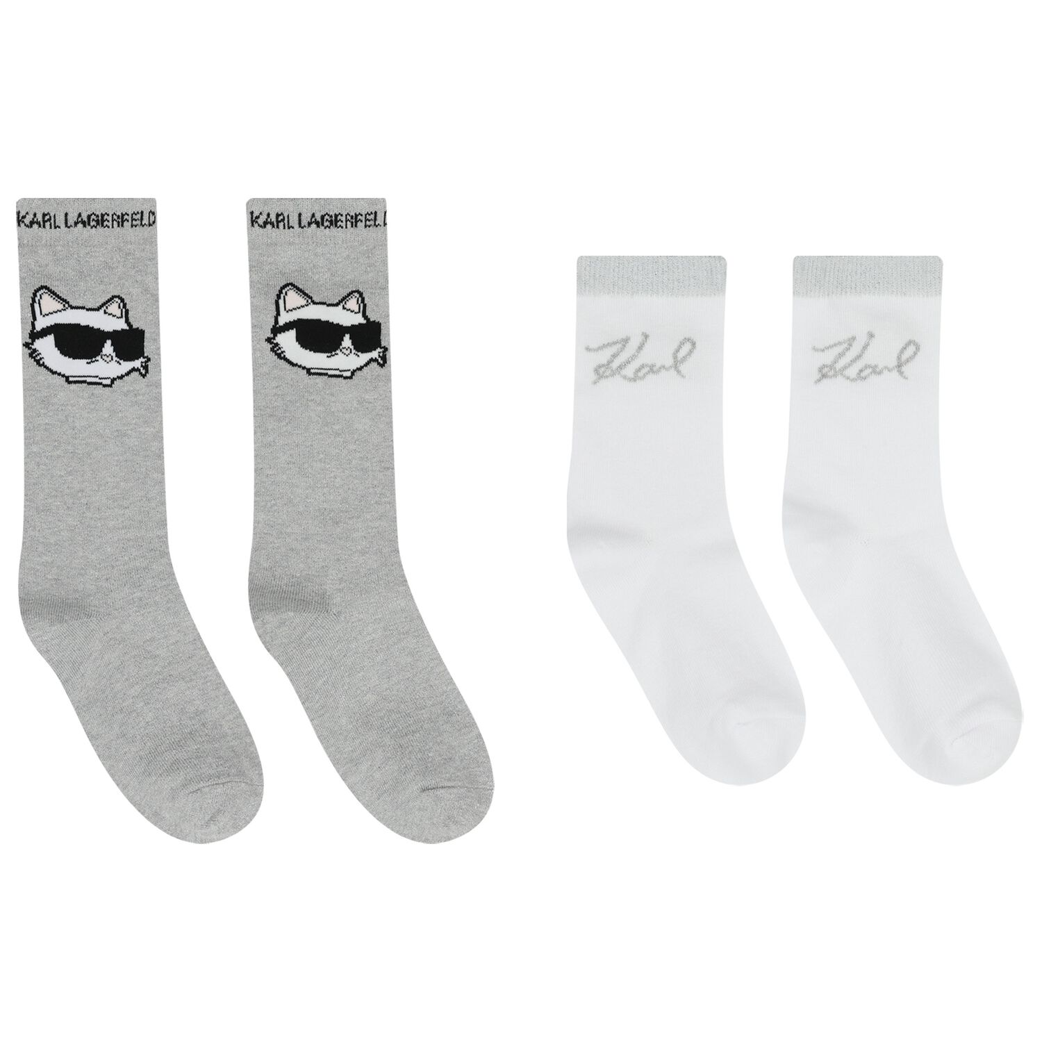 Girls Grey & White Choupette & Logo Socks ( 2 Pack ), 1, hi-res
