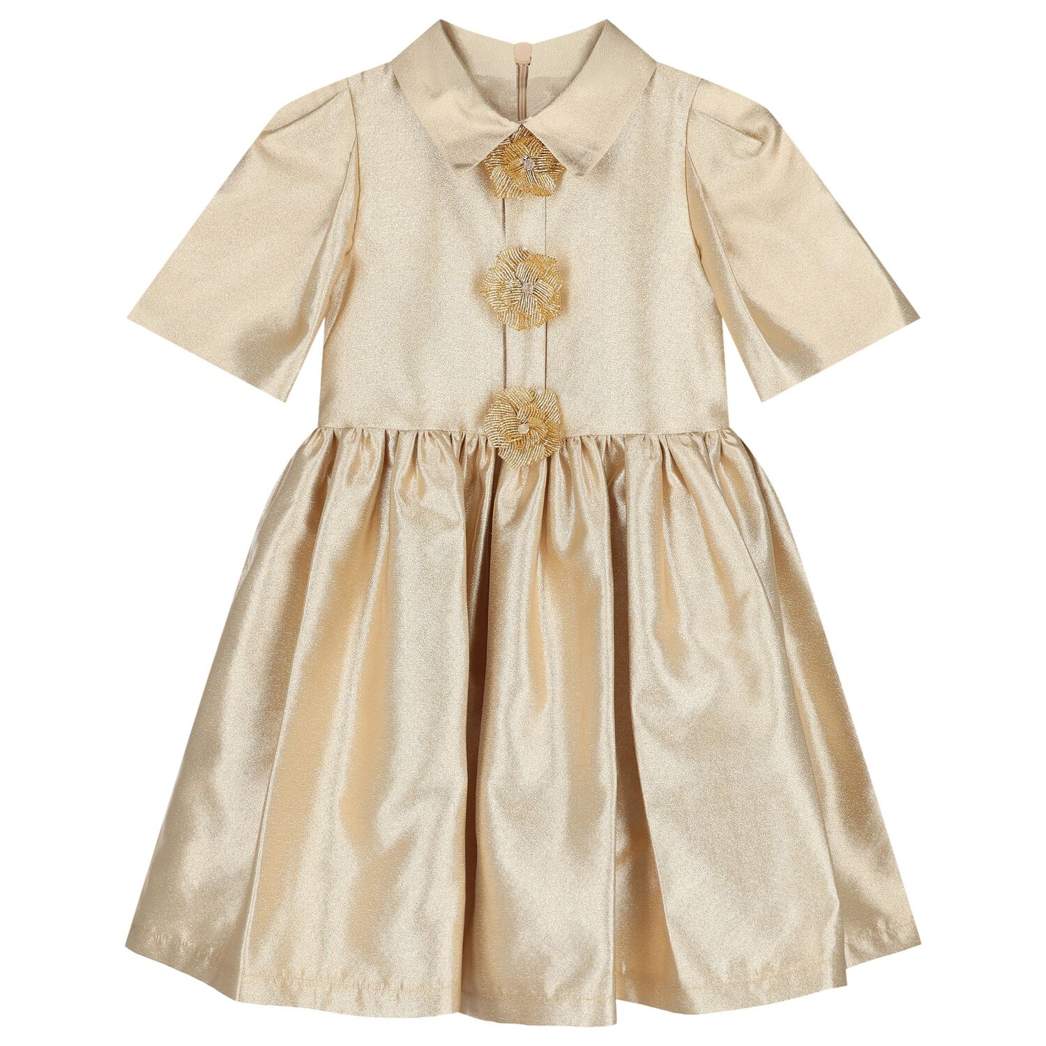 Girls Gold Flower Satin Twill Dress, 1, hi-res