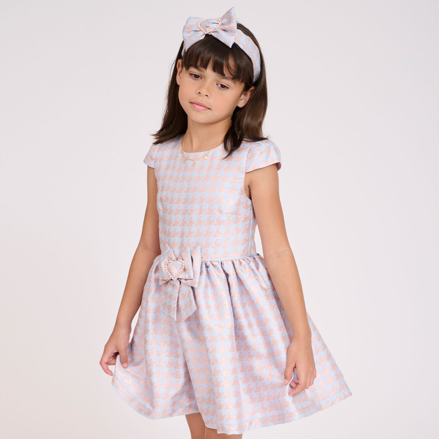 Girls Blue & Rose Gold Houndstooth Dress, 2, hi-res