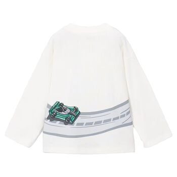 Boys White Race Car Long Sleeve Top