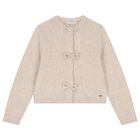 Girls Beige Bow Knitted Cardigan , 3, hi-res