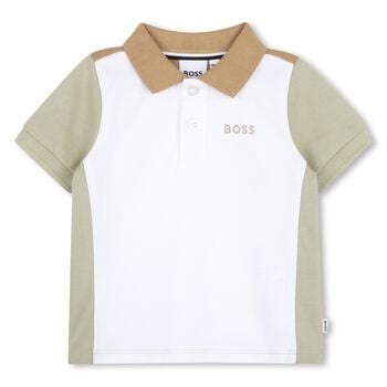 Younger Boys White, Green & Beige Logo Polo Shirt