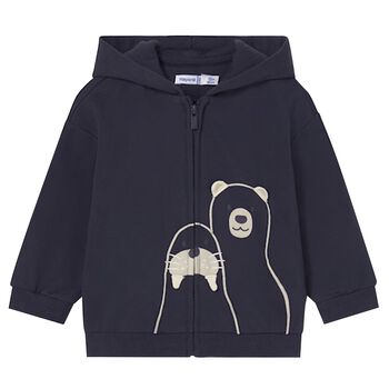 Younger Boys Navy Blue Polar Animals Hooded Zip Up Top