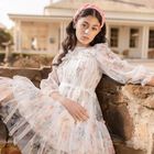 فستان بنات تول بطبعة الزهور باللون العاجي, 1, hi-res