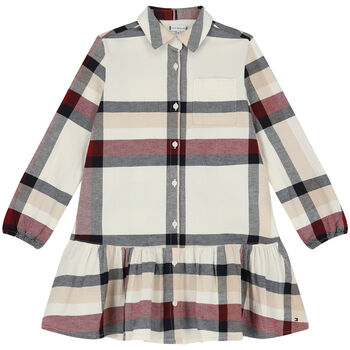 Girls Ivory Checkered Shirt Dress