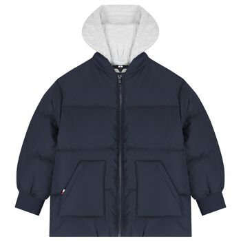 Boys Navy Blue & Grey Logo Puffer Jacket